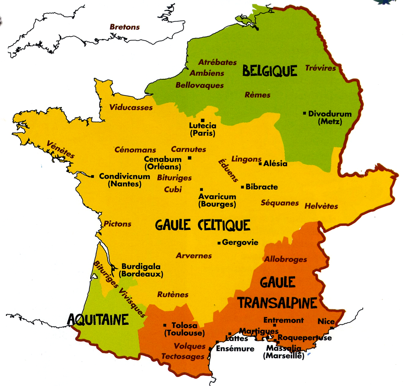 carte peuples Gaulois 60 - Au-delà des casques à cornes : la vraie vie des Gaulois La répartition des principaux peuples gaulois sur le territoire des Gaules vers 60 avant notre ère