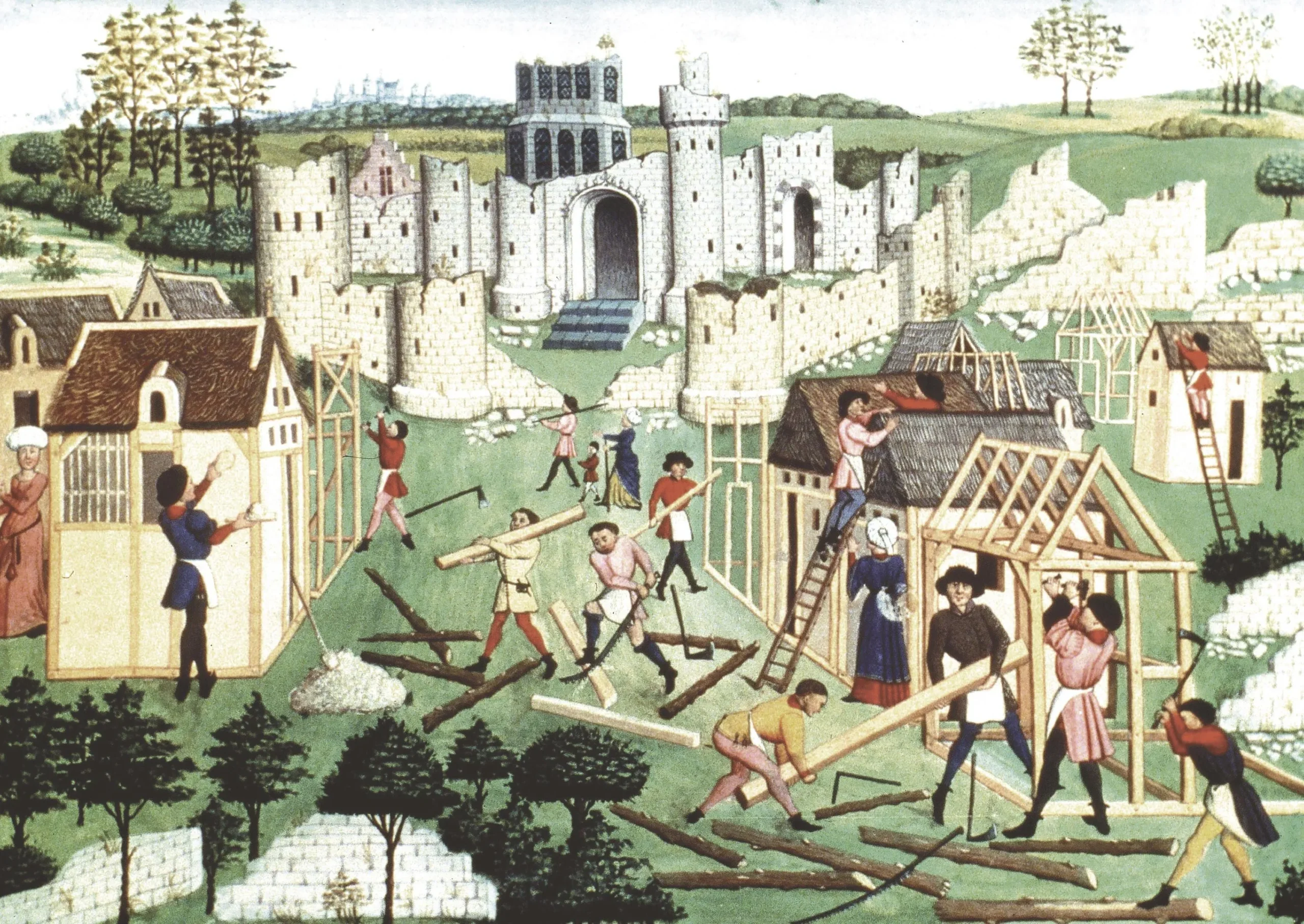 Chantier construction maisons, XVe siècle - Au-delà des chevaliers : la vraie vie au Moyen Âge Chantier de construction de maisons, miniature, XVe siècle.