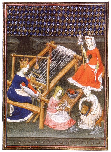 Femmes peignage cardage laine - Frédérique Lachaud, au fil de l’Angleterre médiévale Femmes accroupies à l’avant-plan. À gauche : scène de peignage de la laine. À droite : scène de cardage de la laine. De Mulieribus Claris, 1401.